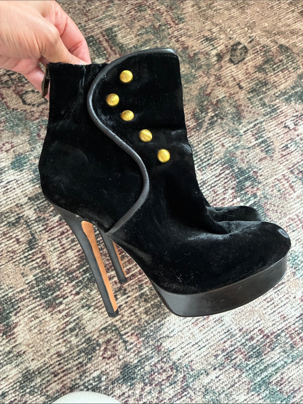 House of Harlow 1960 Black Velvet Platform Ankle Boots with Gold Buttons